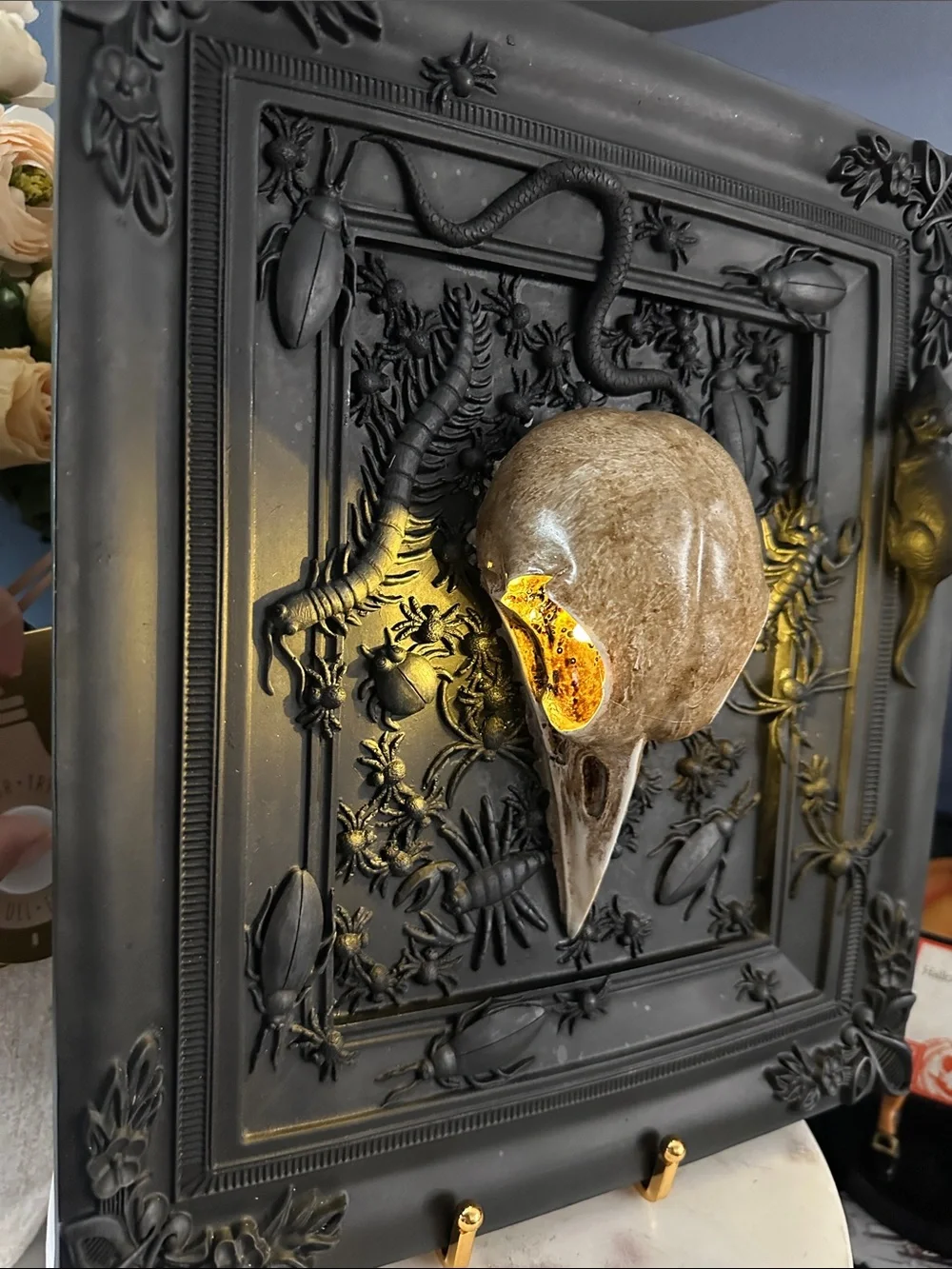 Black Ornate 3D Wall Plaque with Gold Bird Skull Accent lights up Crow skull